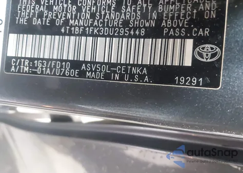 2013 Toyota Camry Le from USA, damaged, VIN 4T1BF1FK3DU295448